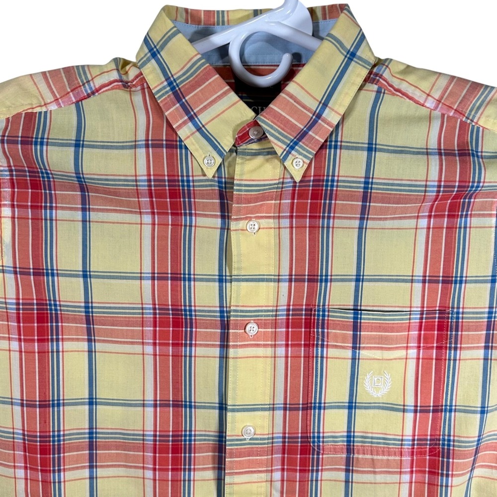 Chaps Mens Easy Care Plaid Short Sleeve Button Down Shirt Yellow Orange‎ Blue M